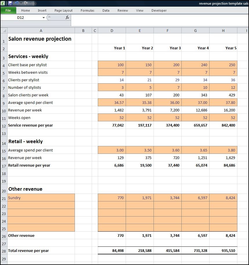 Salon Business Plan Revenue Projection Projections Document Template
