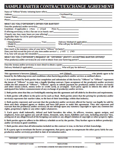 Sample Barter Agreement Template Contract Document