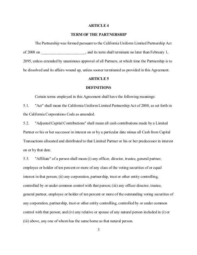 Sample California Limited Partnership Agreement Document