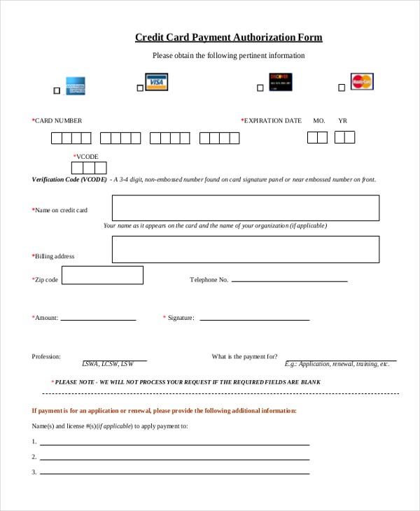 Sample Credit Card Authorization Form 12 Free Documents In Word PDF Document Blank
