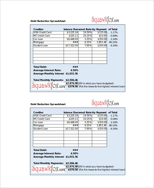 Sample Debt Reduction Calculator 6 Documents In PDF Excel Document Squawkfox Spreadsheet