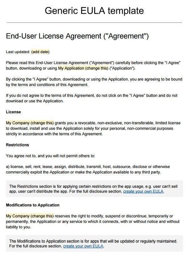 Sample EULA Template TermsFeed Document Generic Software License Agreement