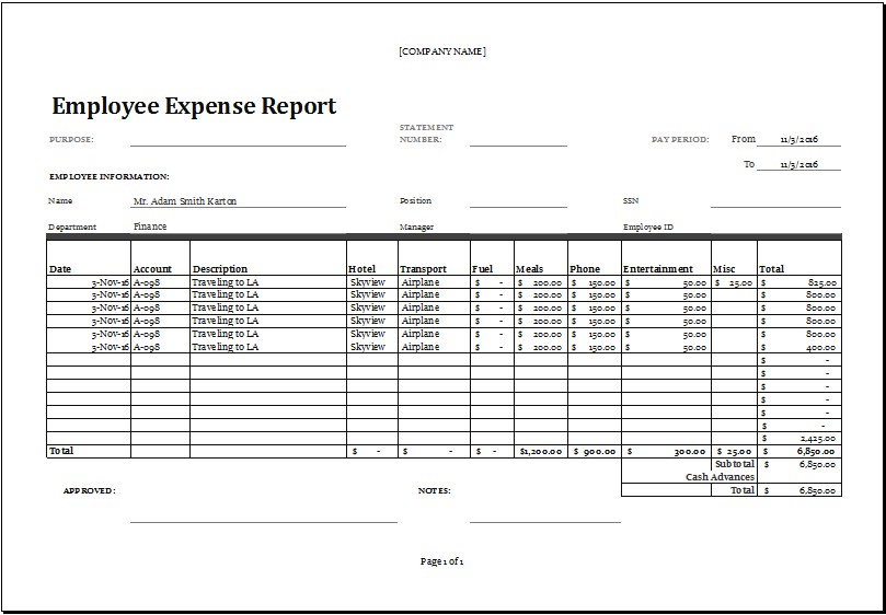 Sample Expense Report Excel Tier Crewpulse Co Document Cash