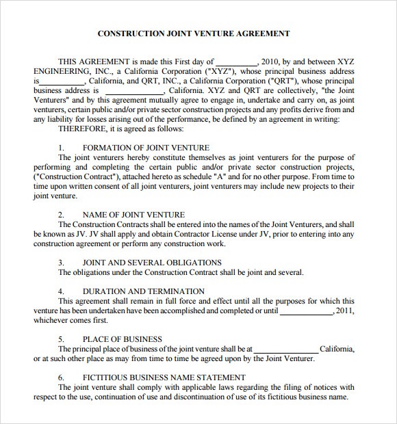Sample Joint Venture Agreement 10 Uments In PDF Word Ument