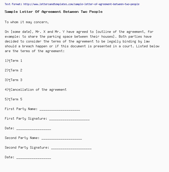 Sample Letter Of Agreement Between Two People Document