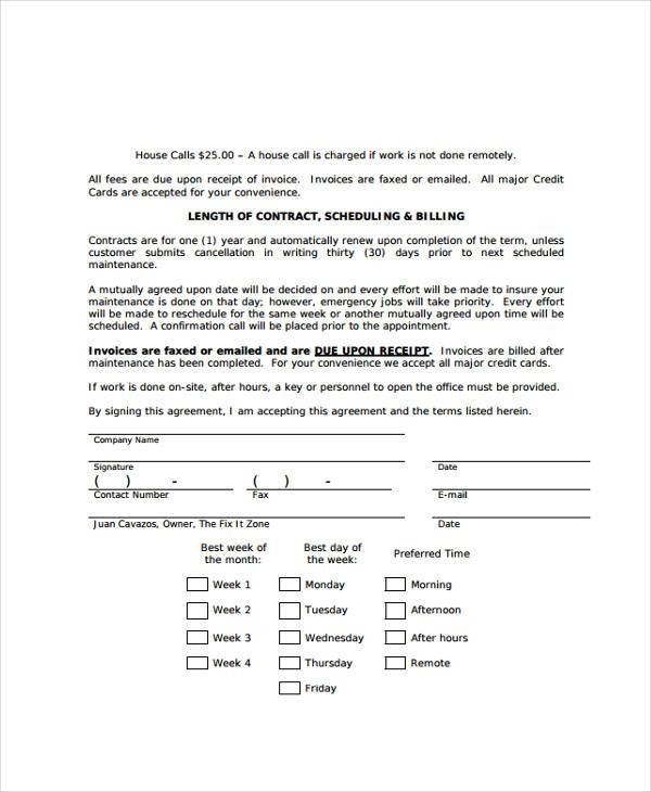Sample Maintenance Contract Forms 8 Free Documents In Word PDF Document Computer