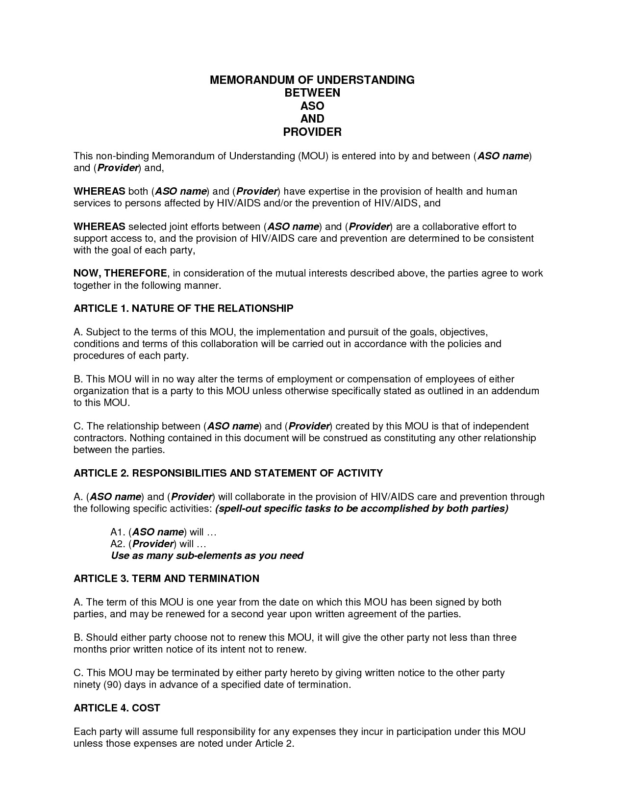 Sample Memorandum Of Understanding Business Partnership DOC By Document