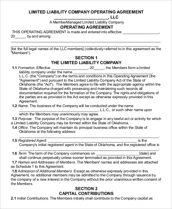 Sample Operating Agreement 9 Examples In Word PDF Document Llc Oklahoma