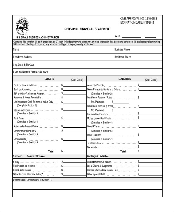 Sample Personal Financial Statement Form 7 Free Documents In Document Small Business