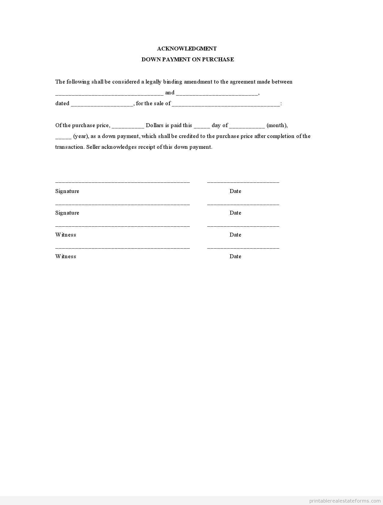 Sample Printable Acknowledgment Down Payment On Purchase Form Document Contract Template