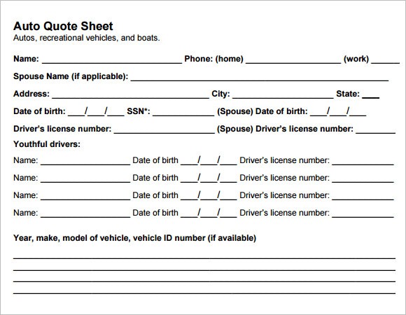 Sample Quote Sheet 10 Examples Format Document Auto Insurance Form