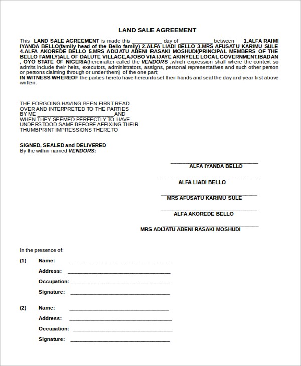 Sample Sales Agreement Form 10 Free Documents In Doc PDF Document Land Sale
