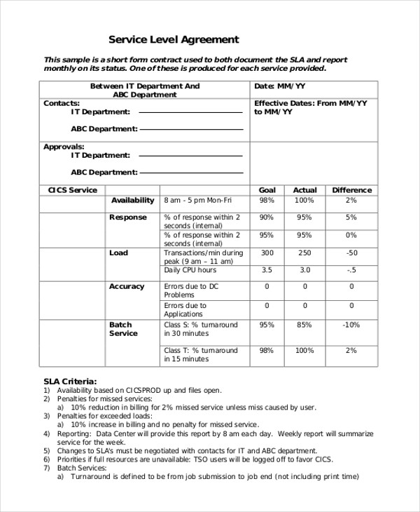 Sample Service Level Agreement Form 10 Free Documents In Word PDF Document Example