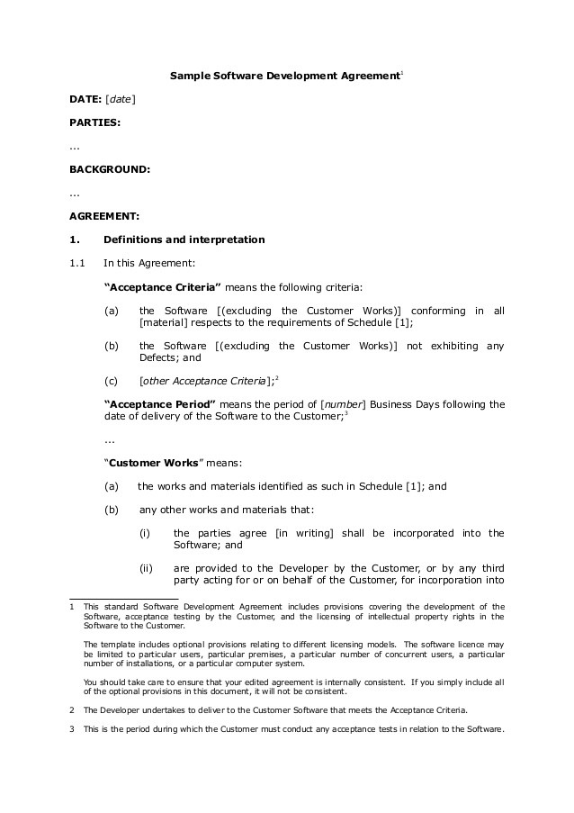 Sample Software Development Agreement 1 Document Developer Contract