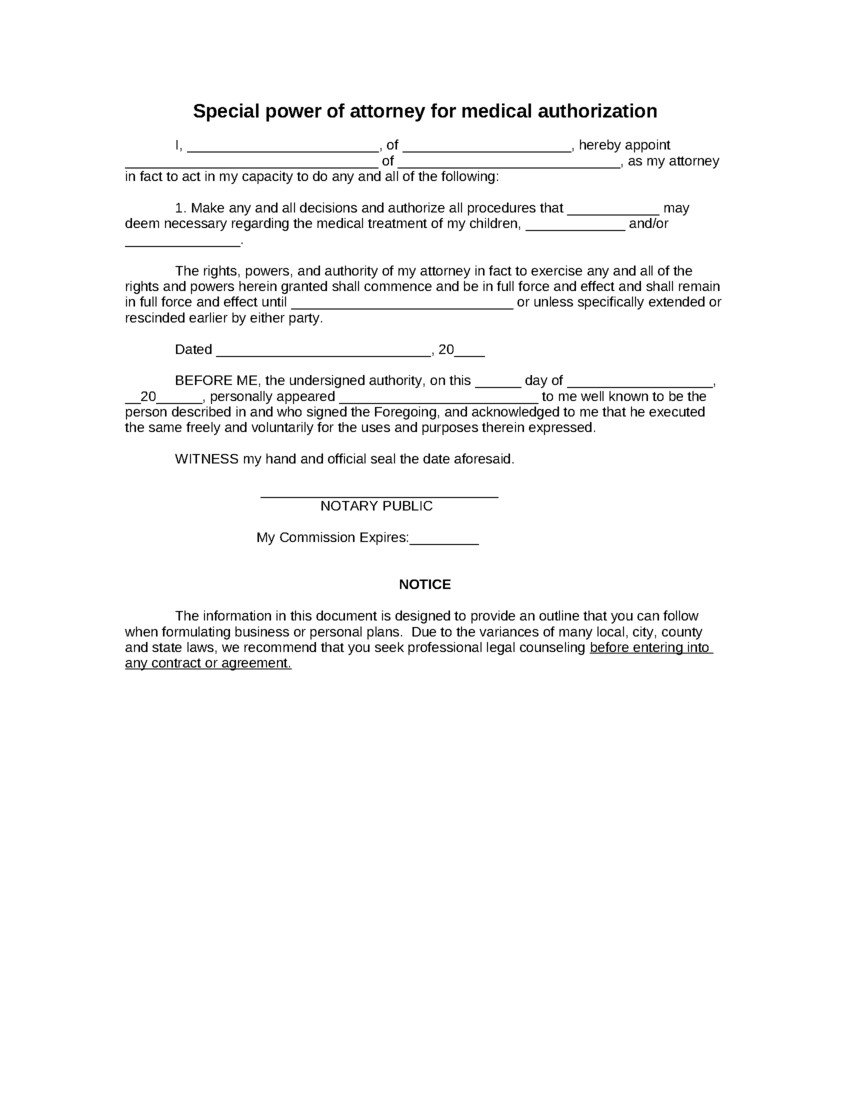 Sample Special Power Of Attorney For Medical Authorization Form