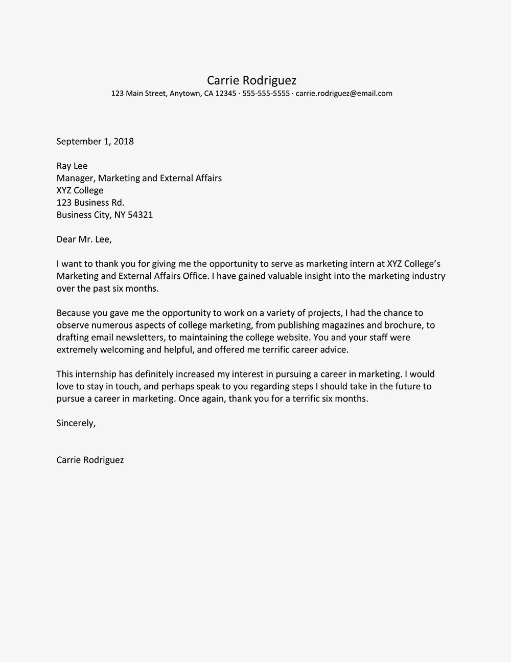 Sample Thank You Letter For An Internship Document Email