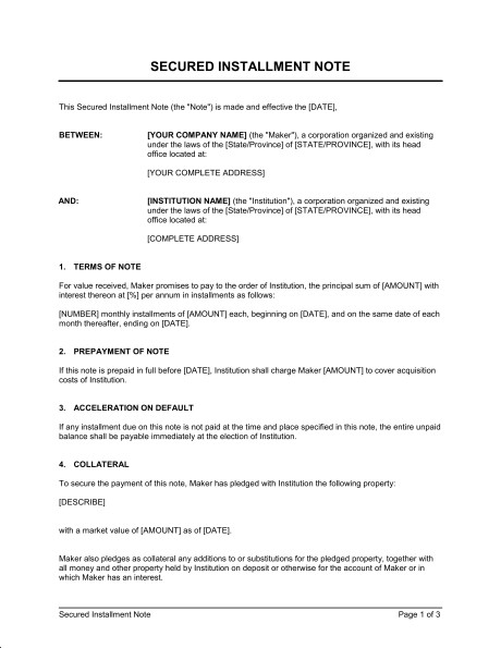 Secured Installment Note Template Sample Form Biztree Com Document Monthly Payment