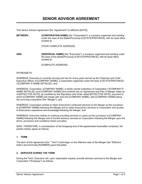 Senior Advisor Agreement Template Sample Form Biztree Com Document