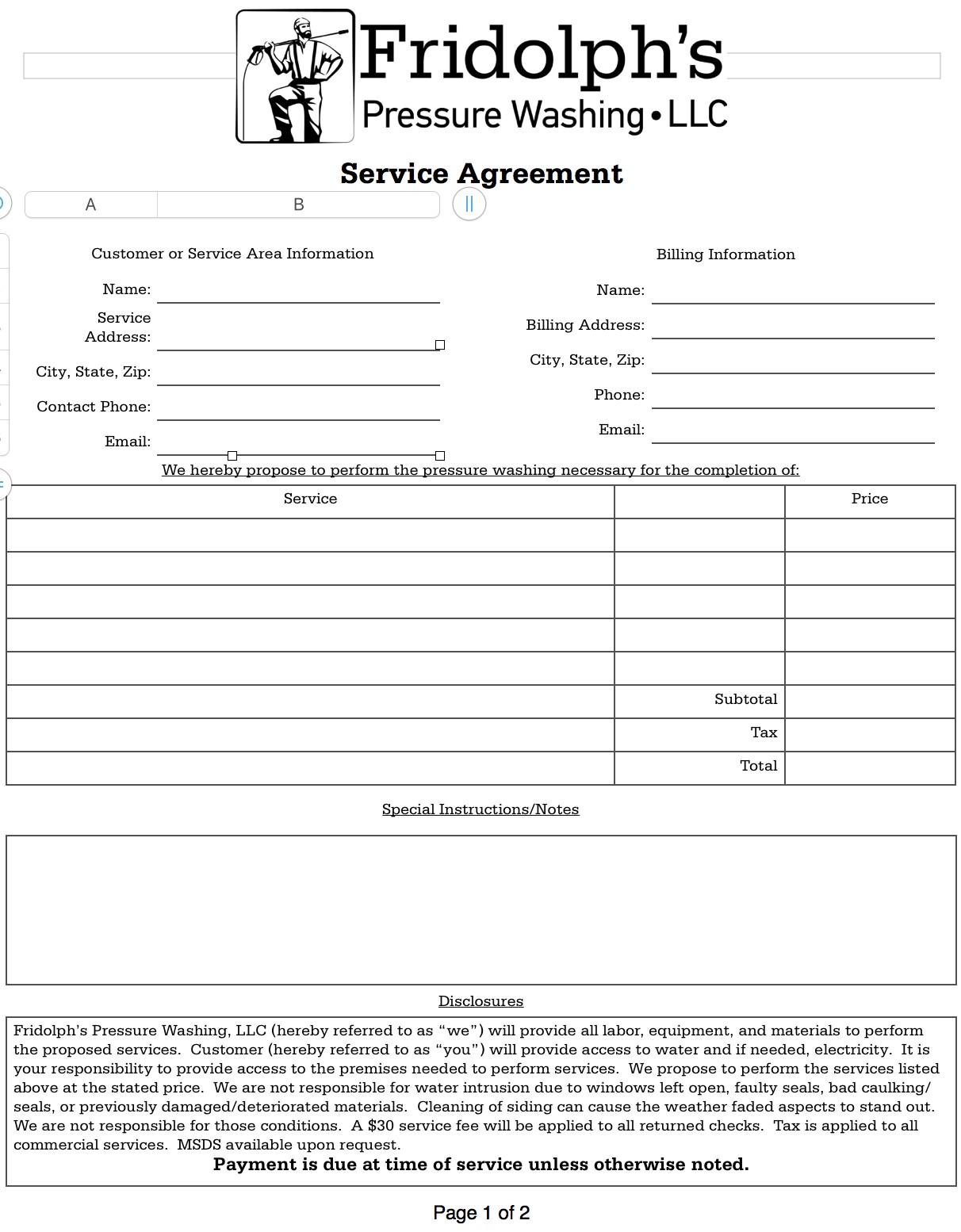 Service Agreement Residential Pressure Washing Resource Document Contract