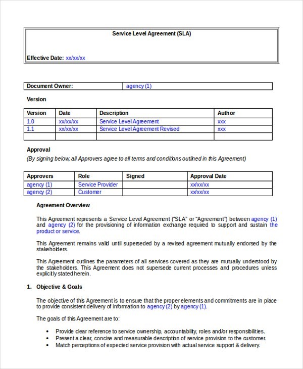 Service Level Agreement Template Doc Austinroofing Us Document