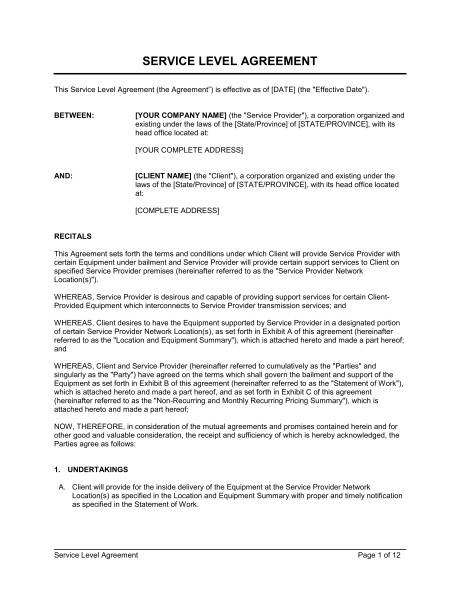 Service Level Agreement Template Sample Form Biztree Com Document Engineering Services Contract