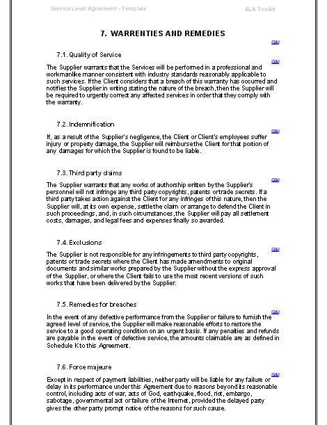 Service Level Agreement Templates Document Example Of