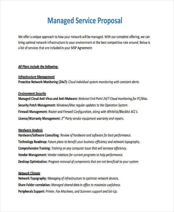 Service Proposal Template Bomboncafe Us Document Managed Services Sample