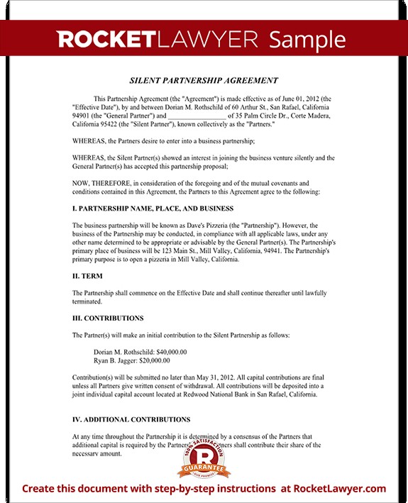 Silent Partnership Agreement Template With Sample Document California