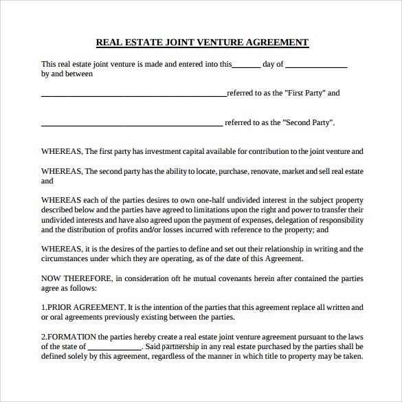 Simple Joint Venture Real Estate Agreement Template Myexampleinc