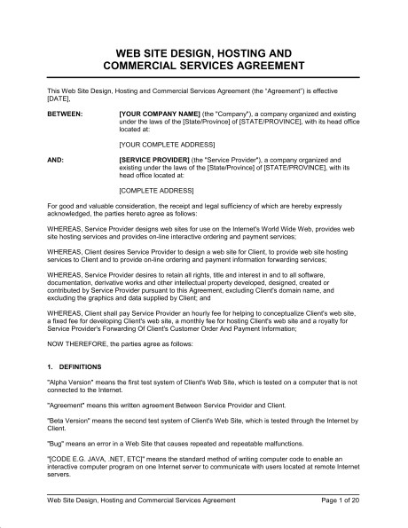 Site Agreement Template Site Design Hosting And Commercial Document
