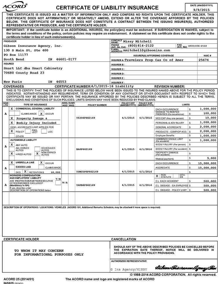 Smart Cabinetry Certificate Of Liability Document