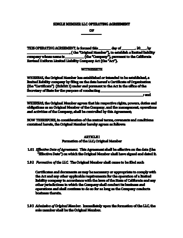 Smllc Operating Agreement Sample California Single Member Llc Document Of For