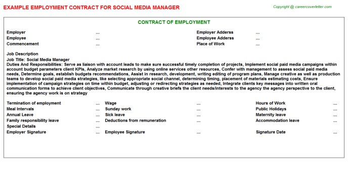 Social Media Manager Employment Contract Document Template