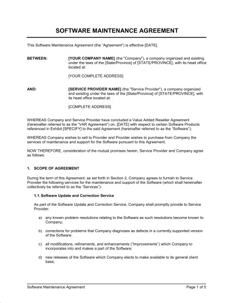 Software Maintenance Agreement VAR Template Sample Form Document Contract