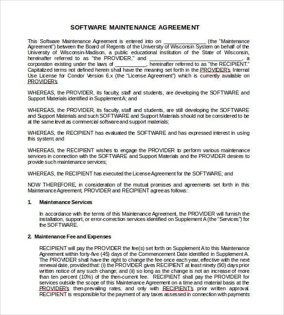 Software Support Agreement Template Maintenance And Document It Contract