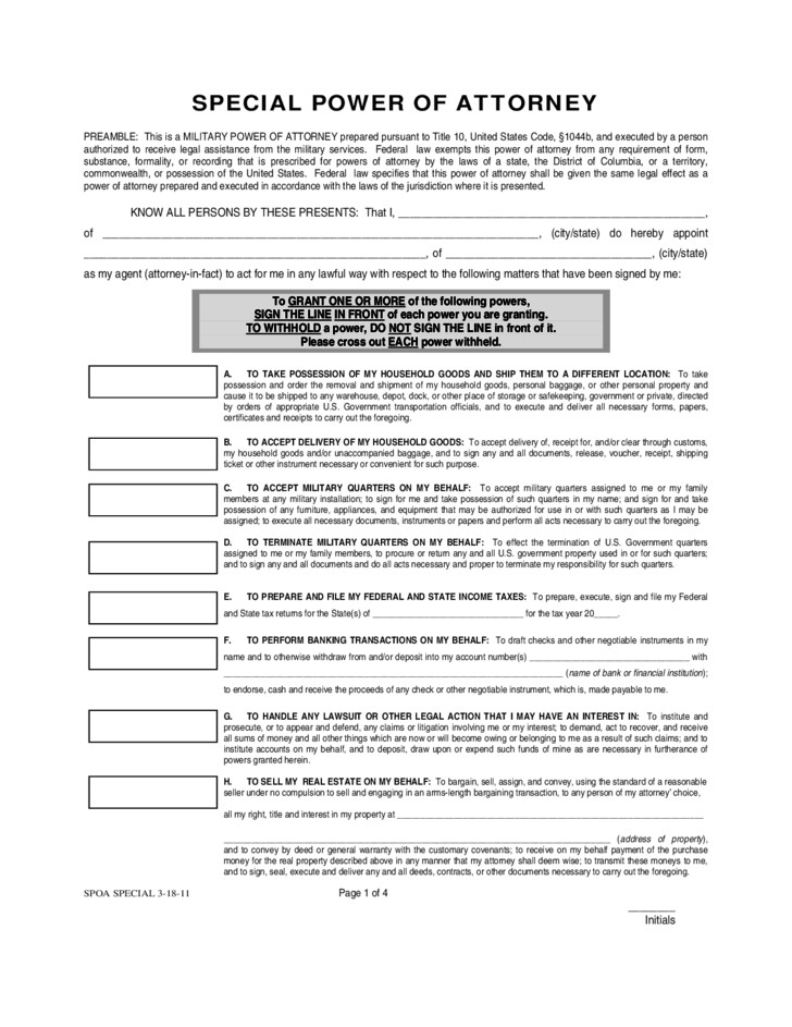 Special Military Power Of Attorney Form Free Download Document Army