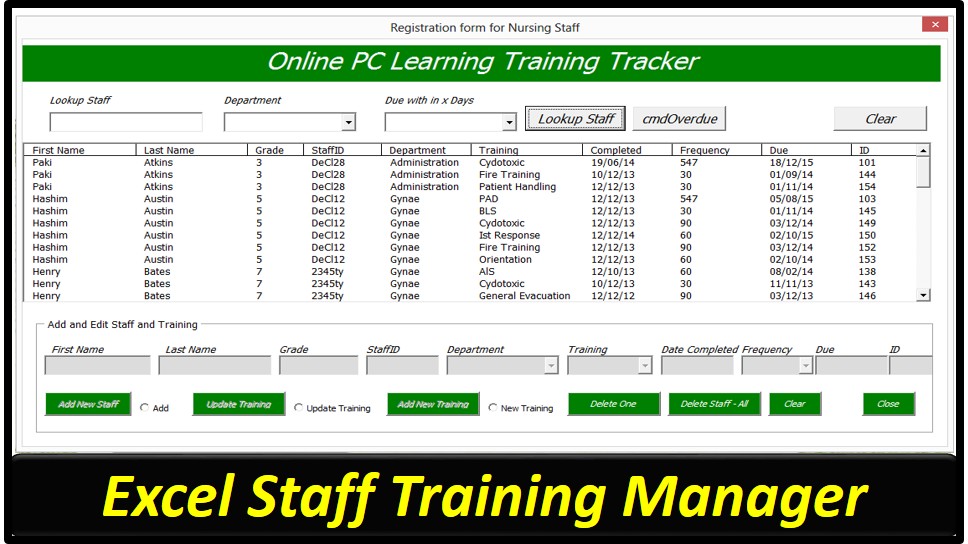 Staff Training Manager Database Excel Userform Online PC Learning Document Employee Tracker