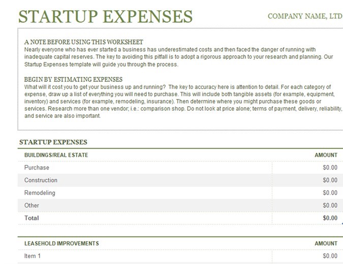 Startup Expenses Document Business Template