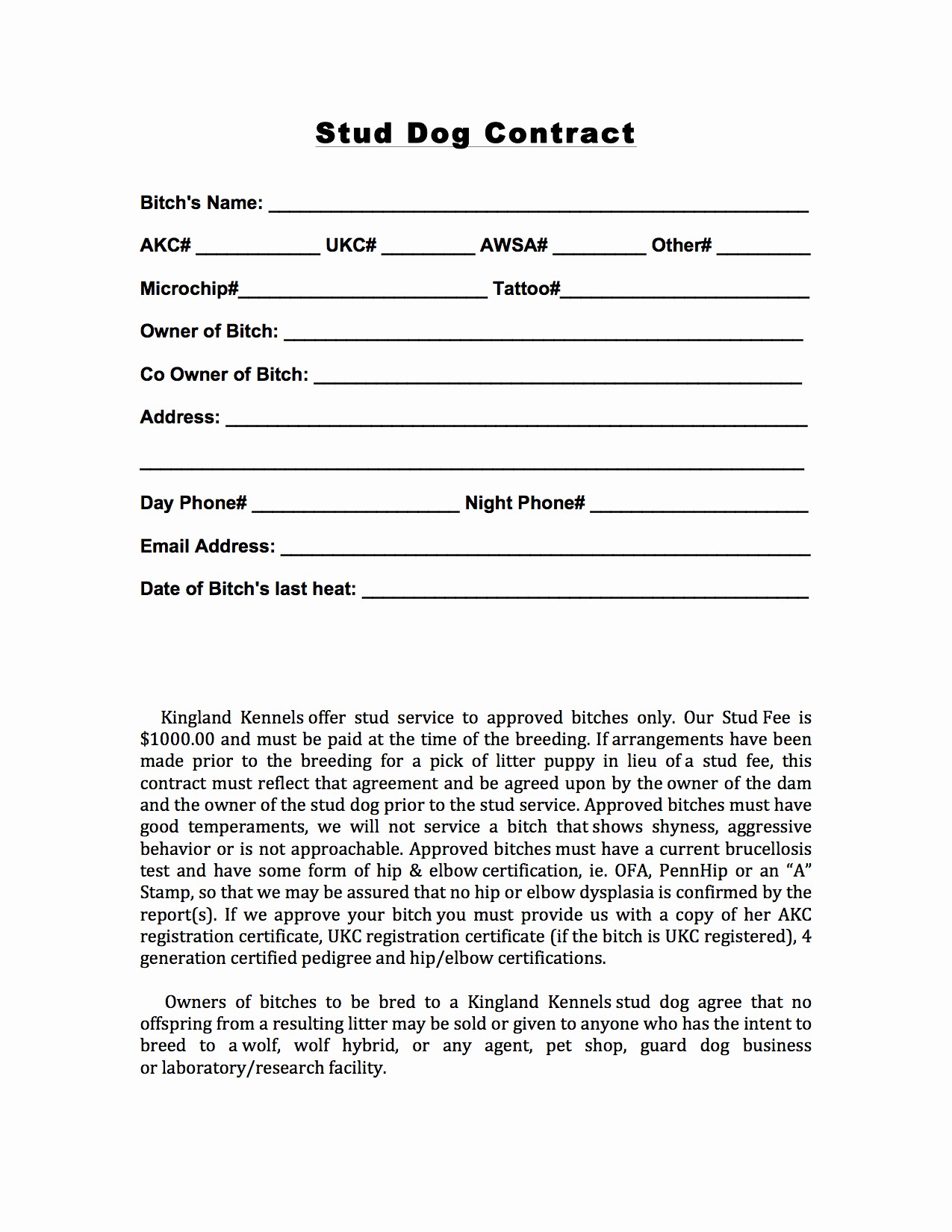Stud Service Contract Template Awesome Dog Breeding Document
