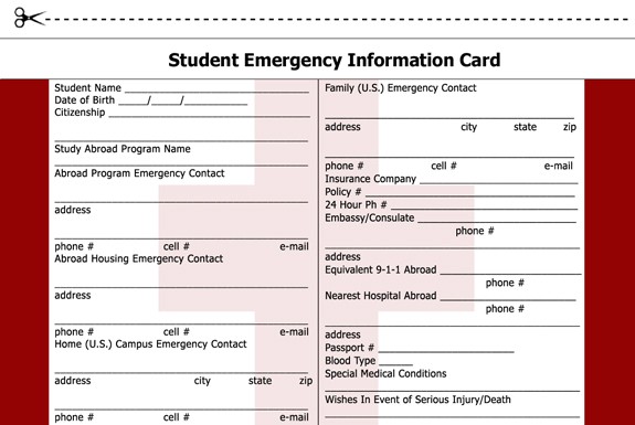 StudentsAbroad Com Study Abroad Handbook Worldwide Emergency Card Document