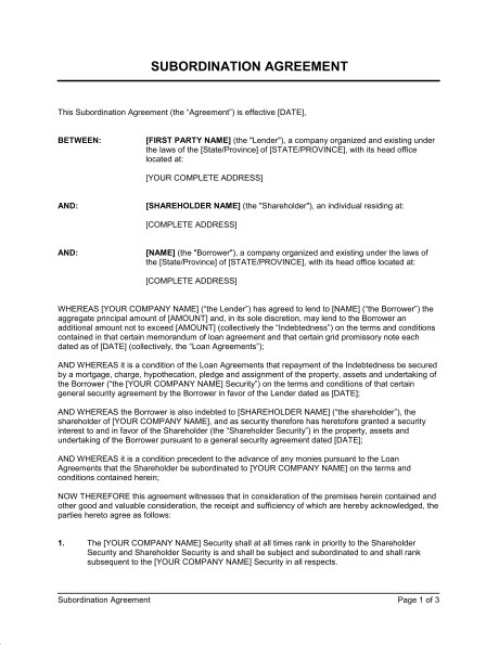 Subordination Agreement Private Companies Template Sample Form