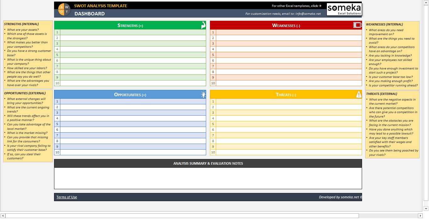 SWOT Analysis Template Printable And Free Excel Spreadsheet Document