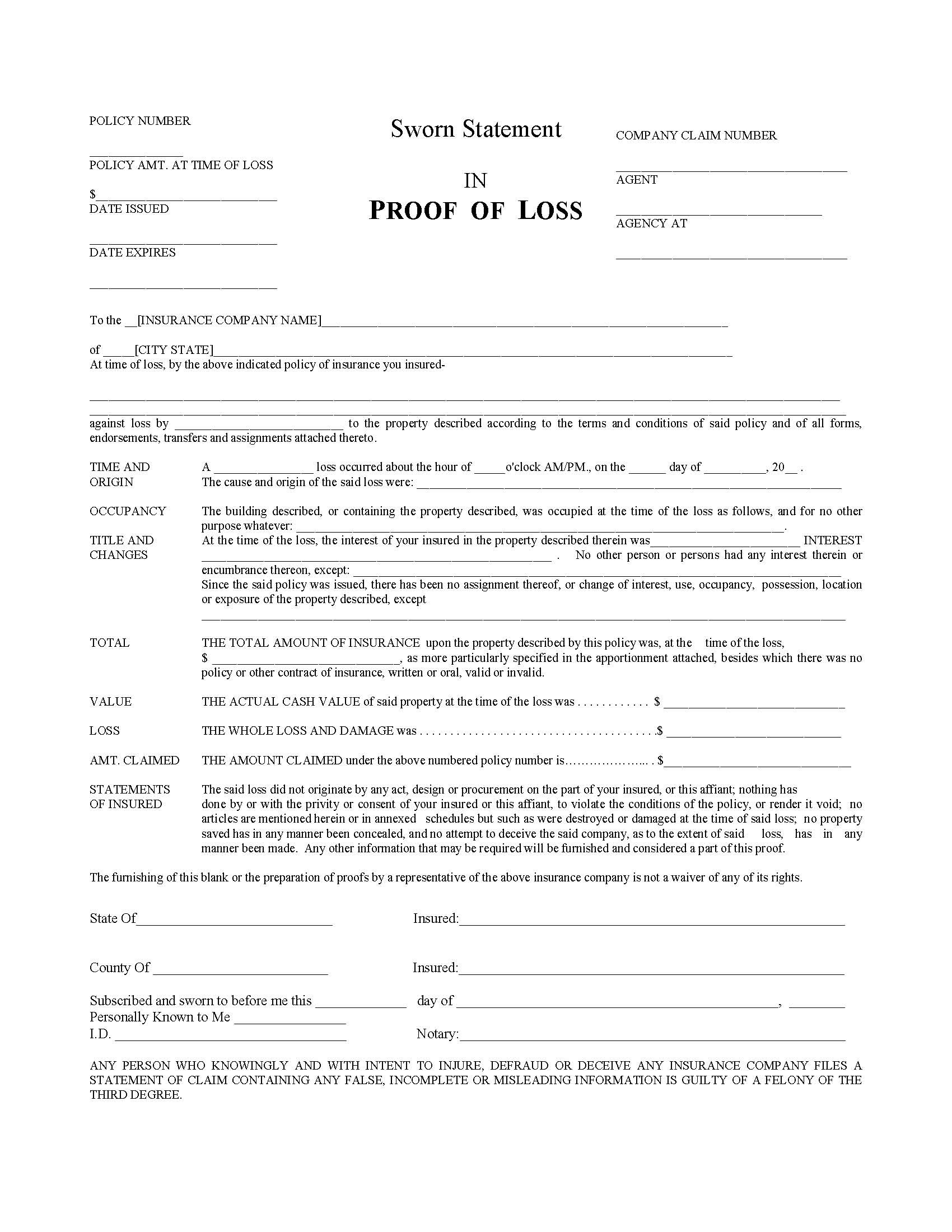 Taking A Look At Common Proof Of Loss Form Property Insurance Document State Farm