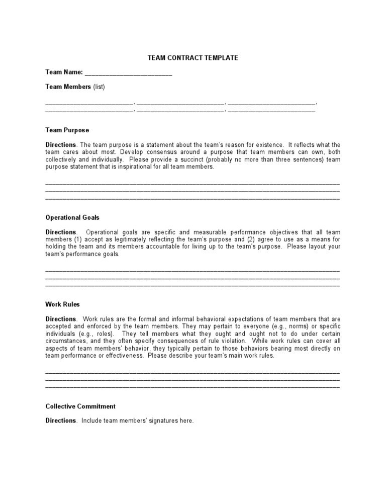 Team Contract Template Austinroofing Us Document