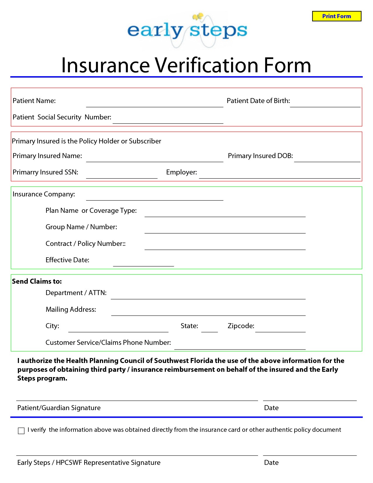 Template For Insurance Information In Planner Blank Medical Document Form
