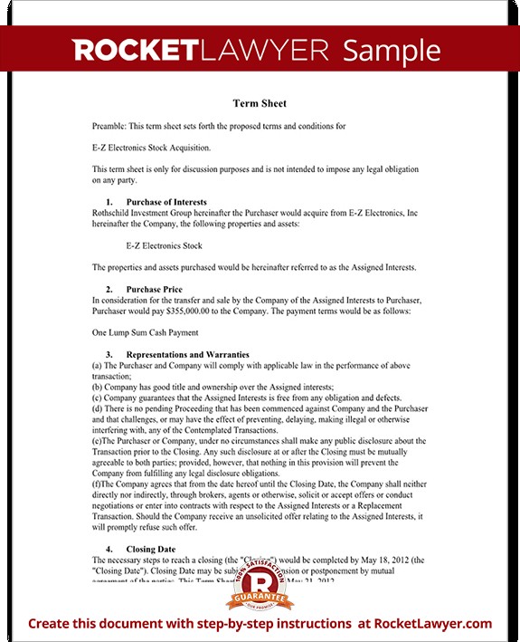 Term Sheet Template Sample Rocket Lawyer Document Contract