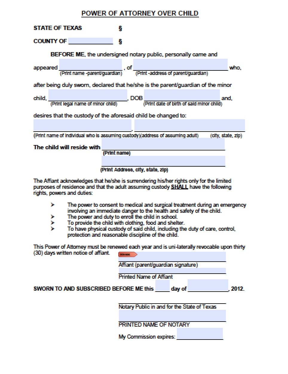Texas Minor Child Power Of Attorney Form Document Template