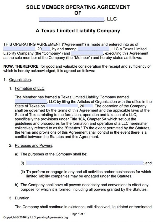 Texas Single Member LLC Operating Agreement Template Document