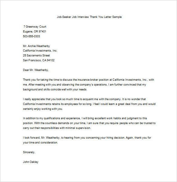 Thank You Letter After Interview 12 Free Sample Example Format Document