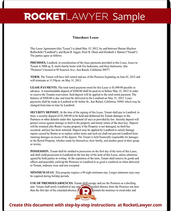 Timeshare Contract Free Rental Agreement Form Document Template